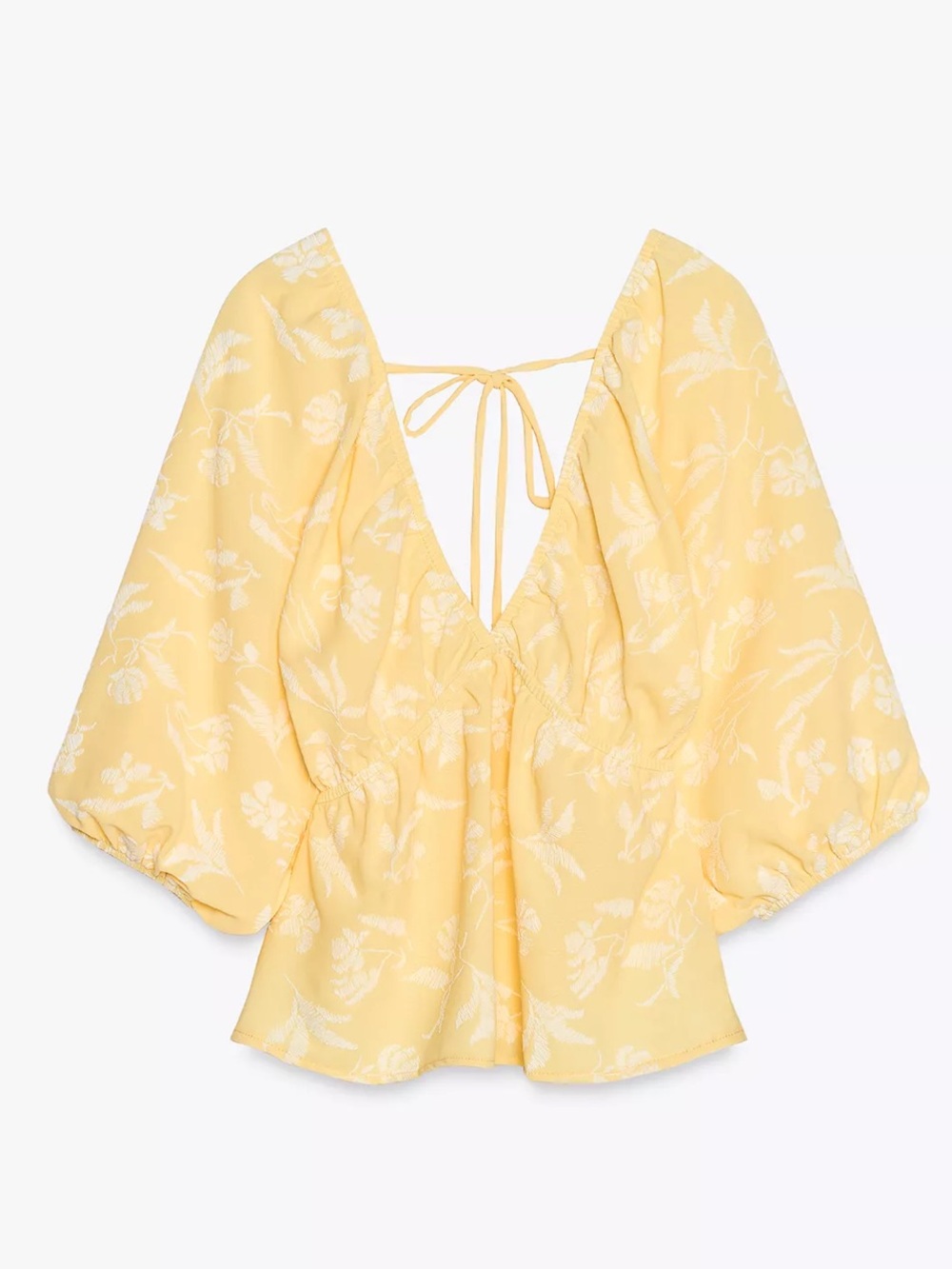 Zara Yellow Floral Tie-Back Puff Sleeve Blouse